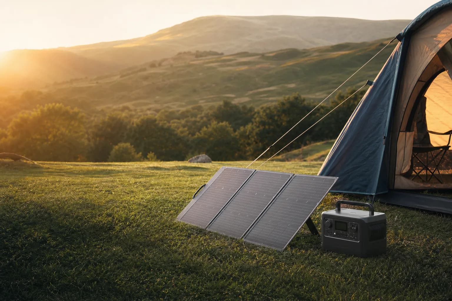 Portable solar panel and power station at a countryside campsite