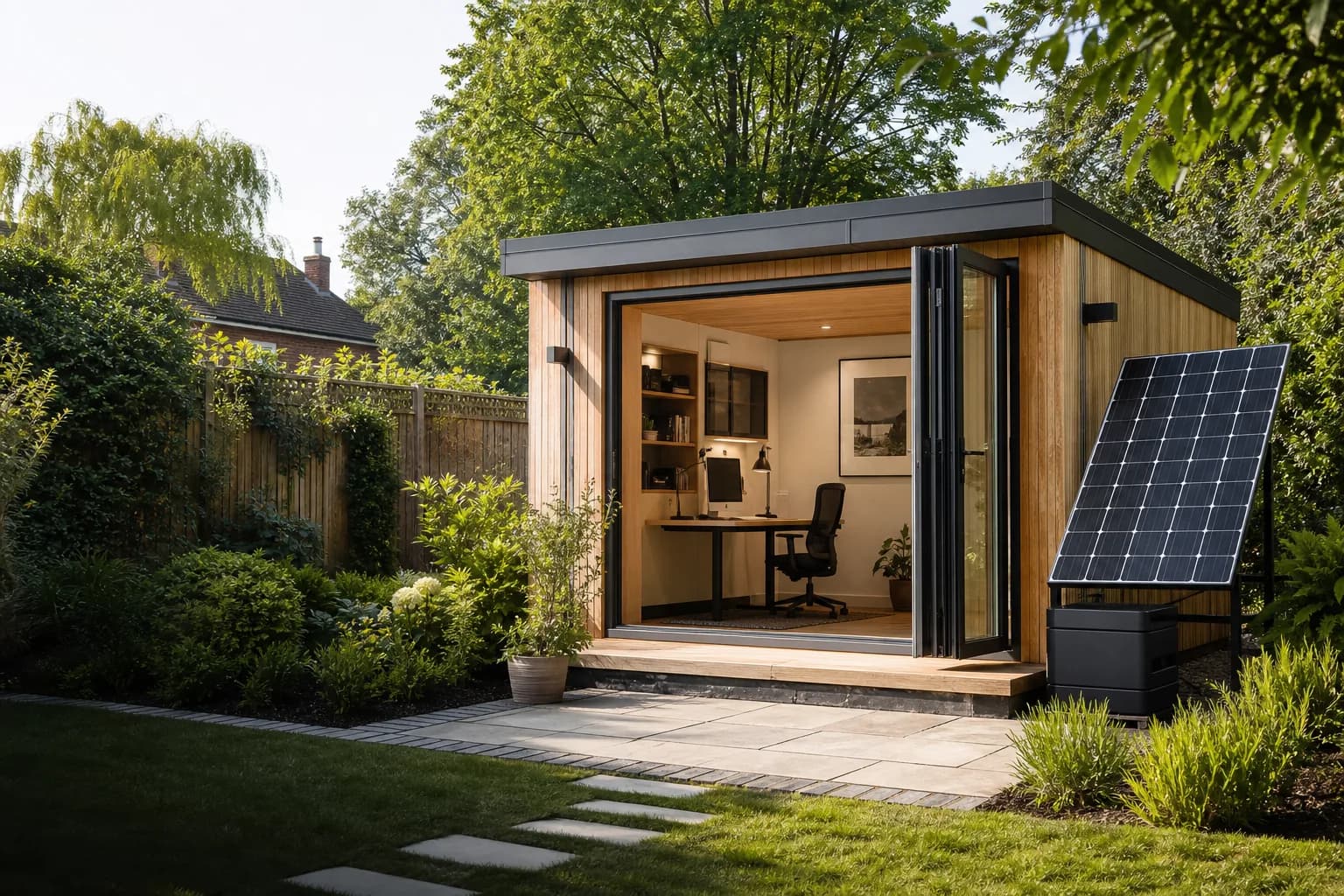 Solar-powered garden office in a British garden