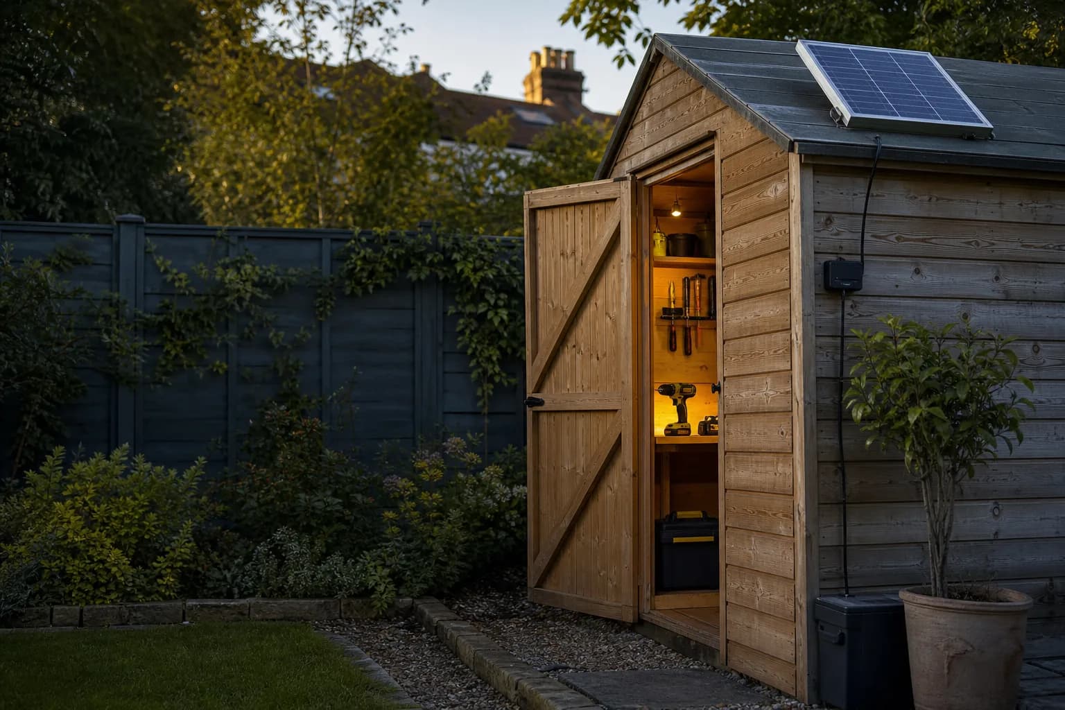 Solar panel fitted to a timber garden shed